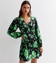 New Look Green Floral Satin Long Sleeve Button Front Mini Dress